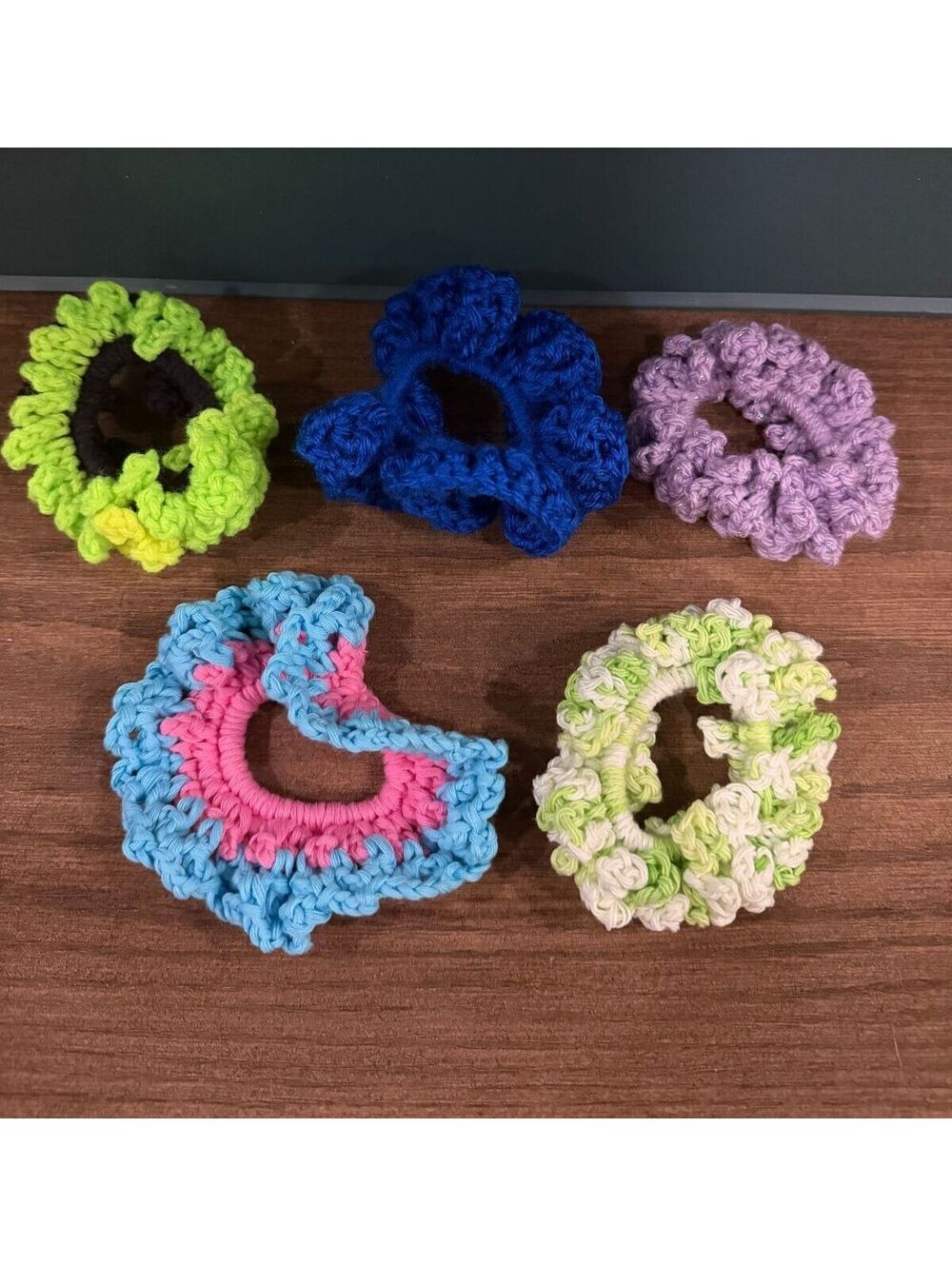Handmade Crochet Hair Scrunchies Lot of 5 Colorful Yarn Ponytail Hair Ties